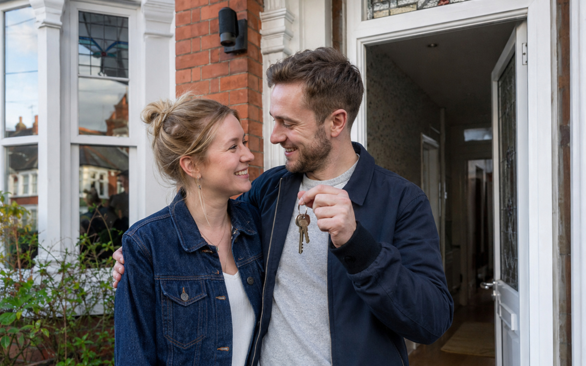 A young couple holding the keys outside their first house