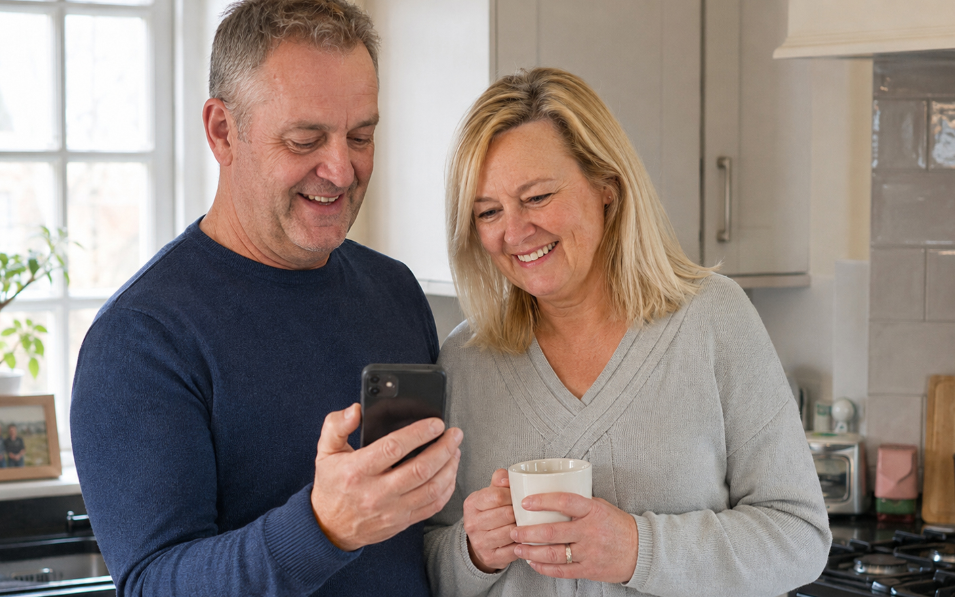 A couple looking at mortgage options together on a phone in their kitchen