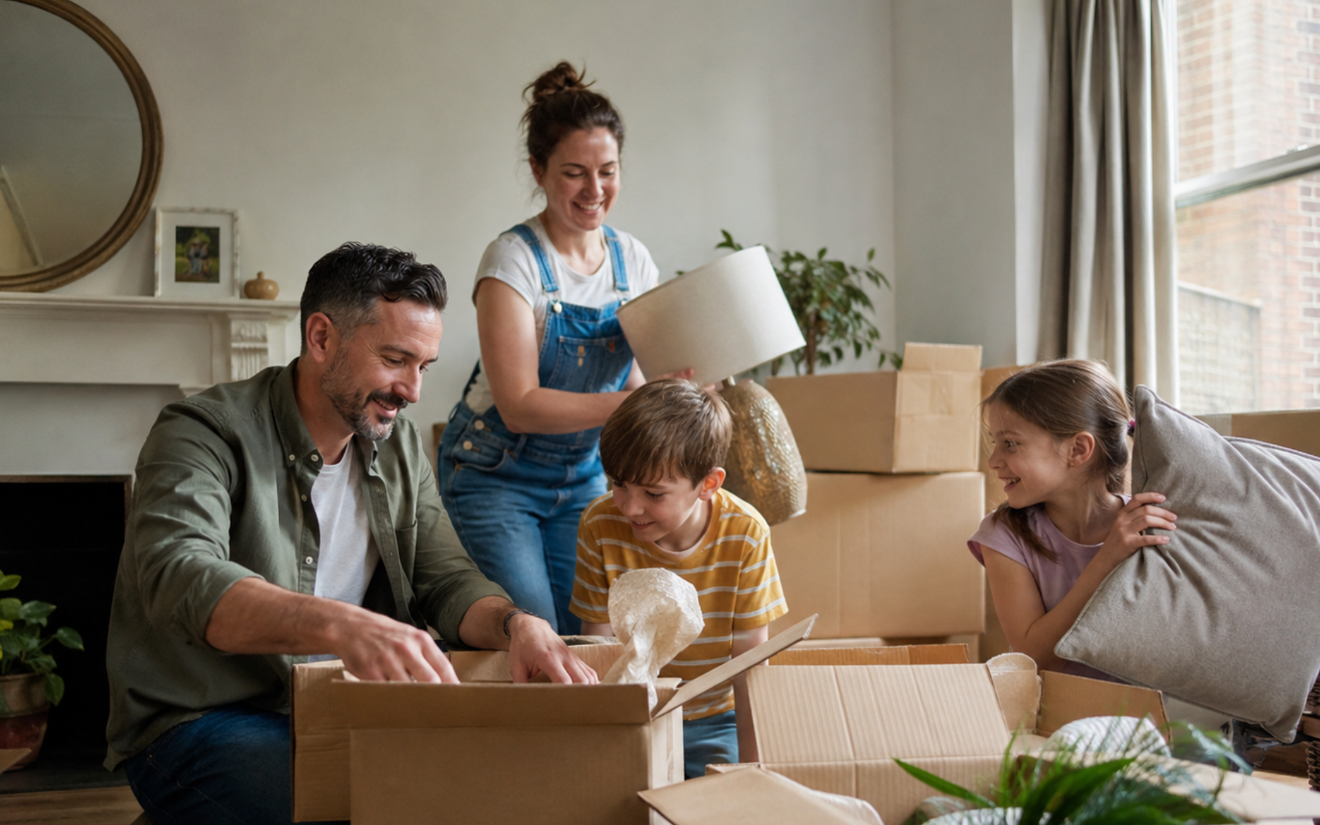 A family carrying moving boxes into their new home