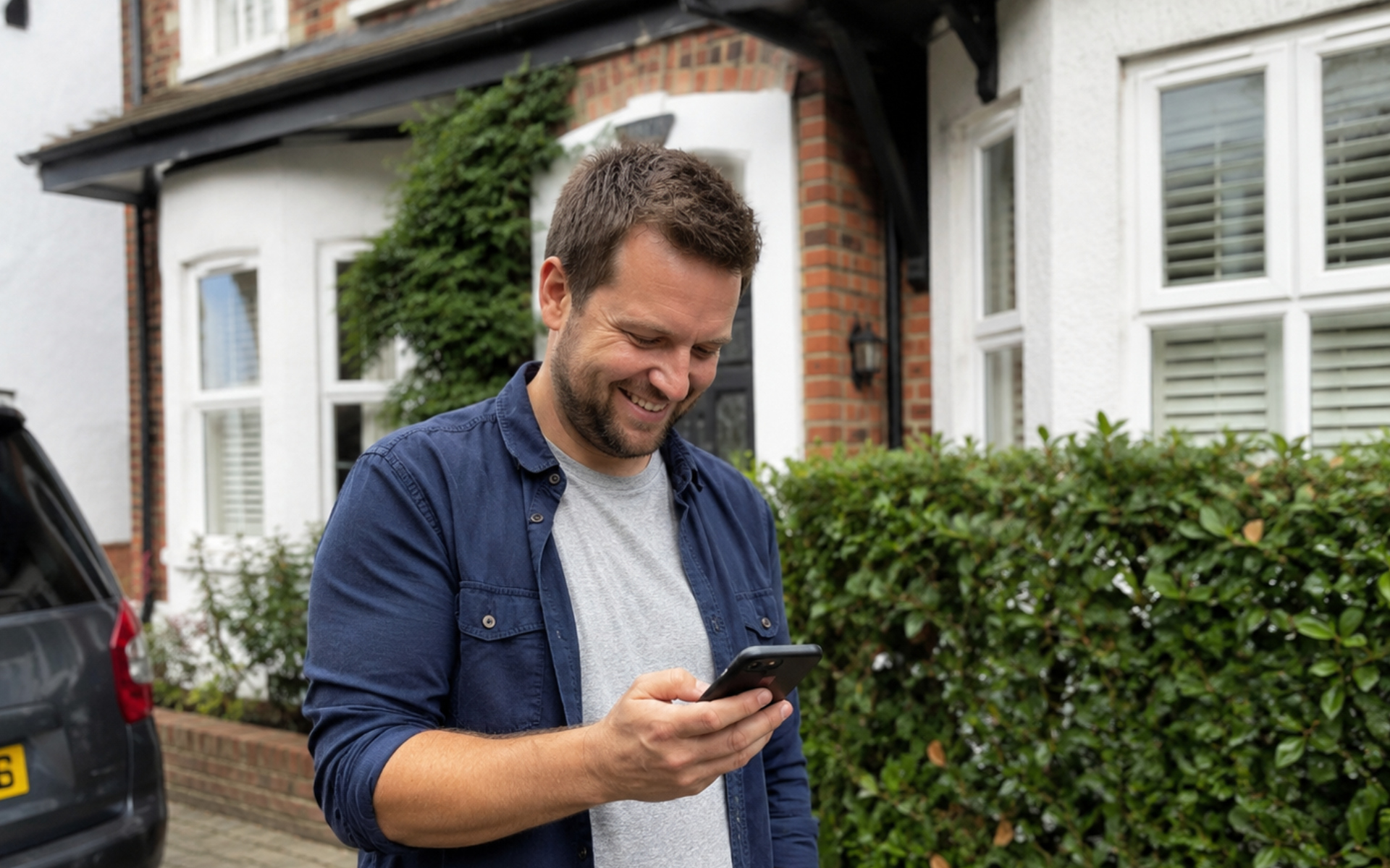 A man smiling at his phone outside his home