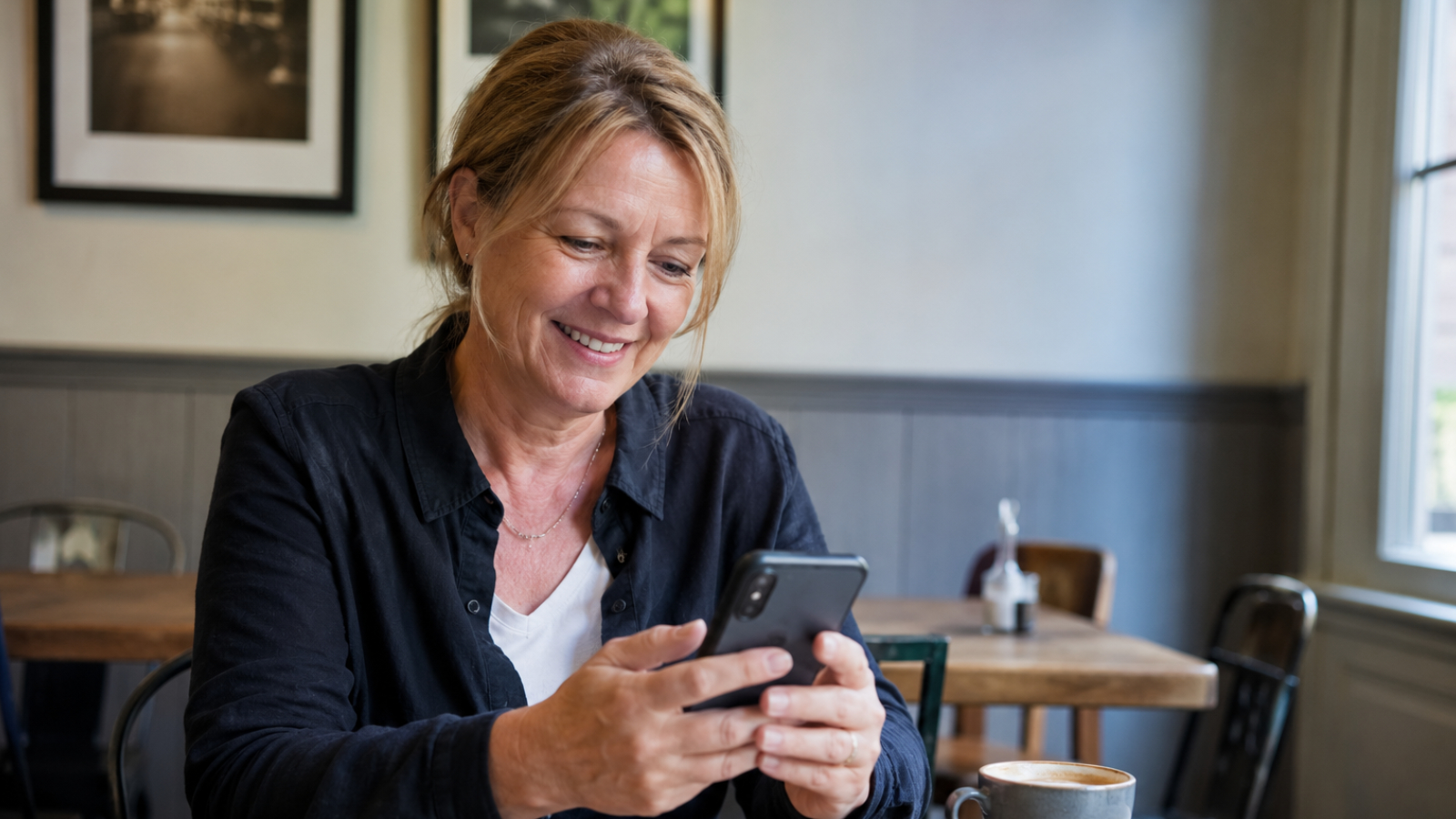 A woman in a coffee shop checking her mortgage options on her phone