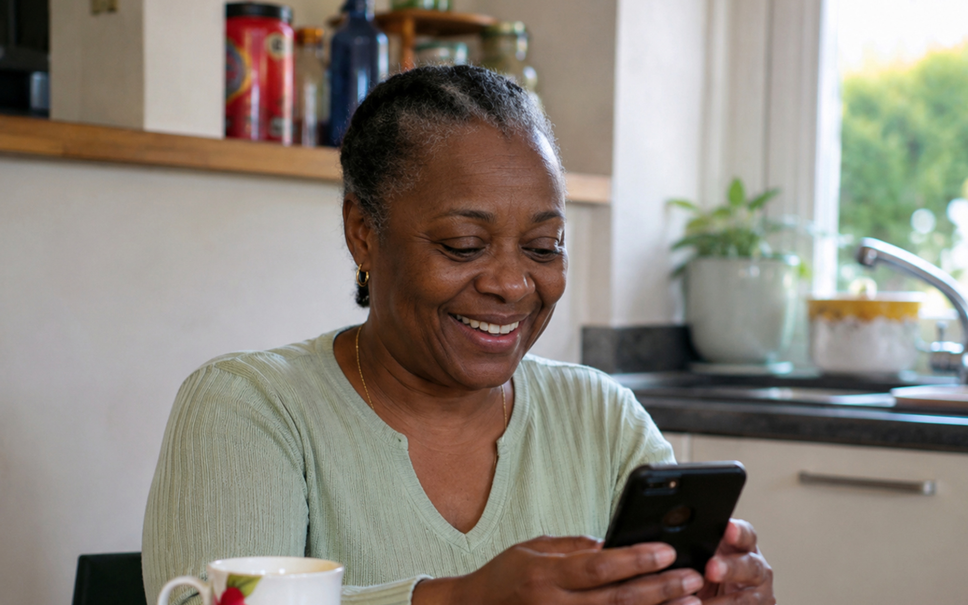 A woman smiling at her phone in her kitchen
